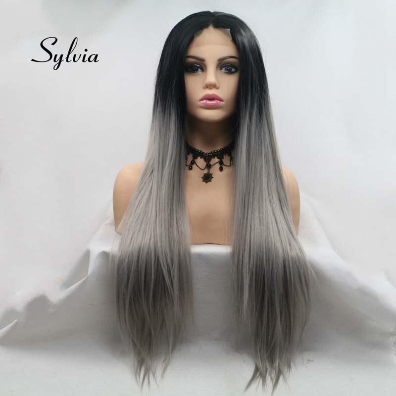 Nicole-Peluca de pelo liso degradado de dos tonos, pelo largo y sedoso de encaje sintético en U, resistente al calor, color negro y gris