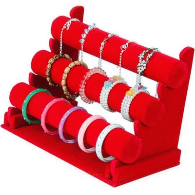 BUENOS Vintage PU Leather / Velvet T-Bar Rack Bracelet Chain Watch Jewelry Organizer Holder Jewelry Display Stand: red3