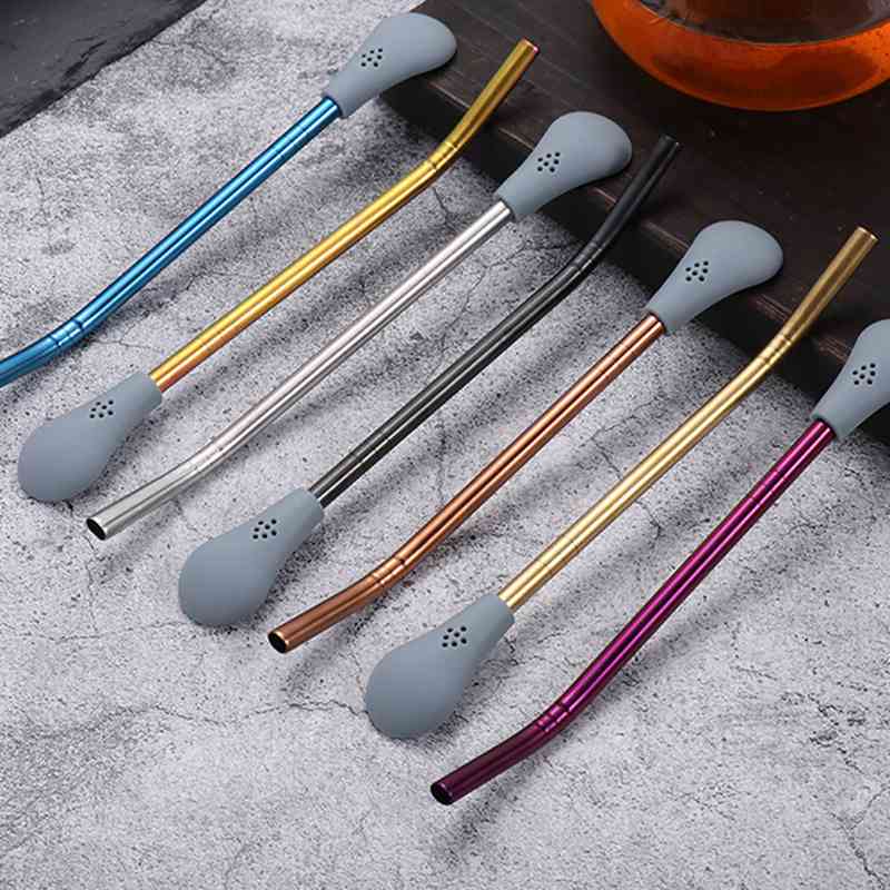 Pajita de acero inoxidable para beber agua y zumo, cuchara reutilizable con filtro para té, accesorios para el hogar y la cocina, 1 unidad