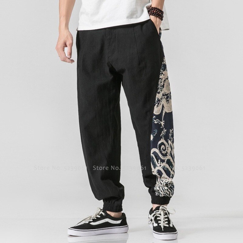 japonais Style Harajuku large jambe pantalon traditionnel chinois vêtements pour hommes Streetwear lâche coton lin bas pantalon