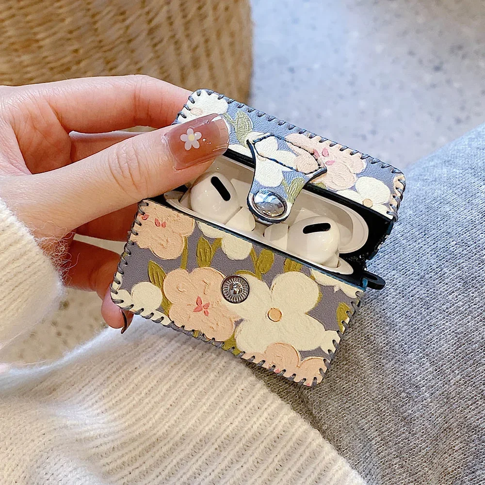 Étui Airpods 4 2 1 3 pour écouteurs, peinture à l'huile de fleurs, housse en cuir Vintage pour AirPod Pro, boîte de Protection: 2XS / BLEU CIEL