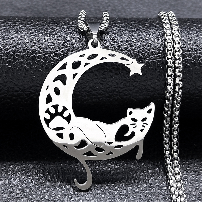 Collar estético de gato, flor, Luna y media luna para mujeres y hombres, cadena bohemia de Color plateado de acero inoxidable, collar de joyería de 3220: Rodio plateado