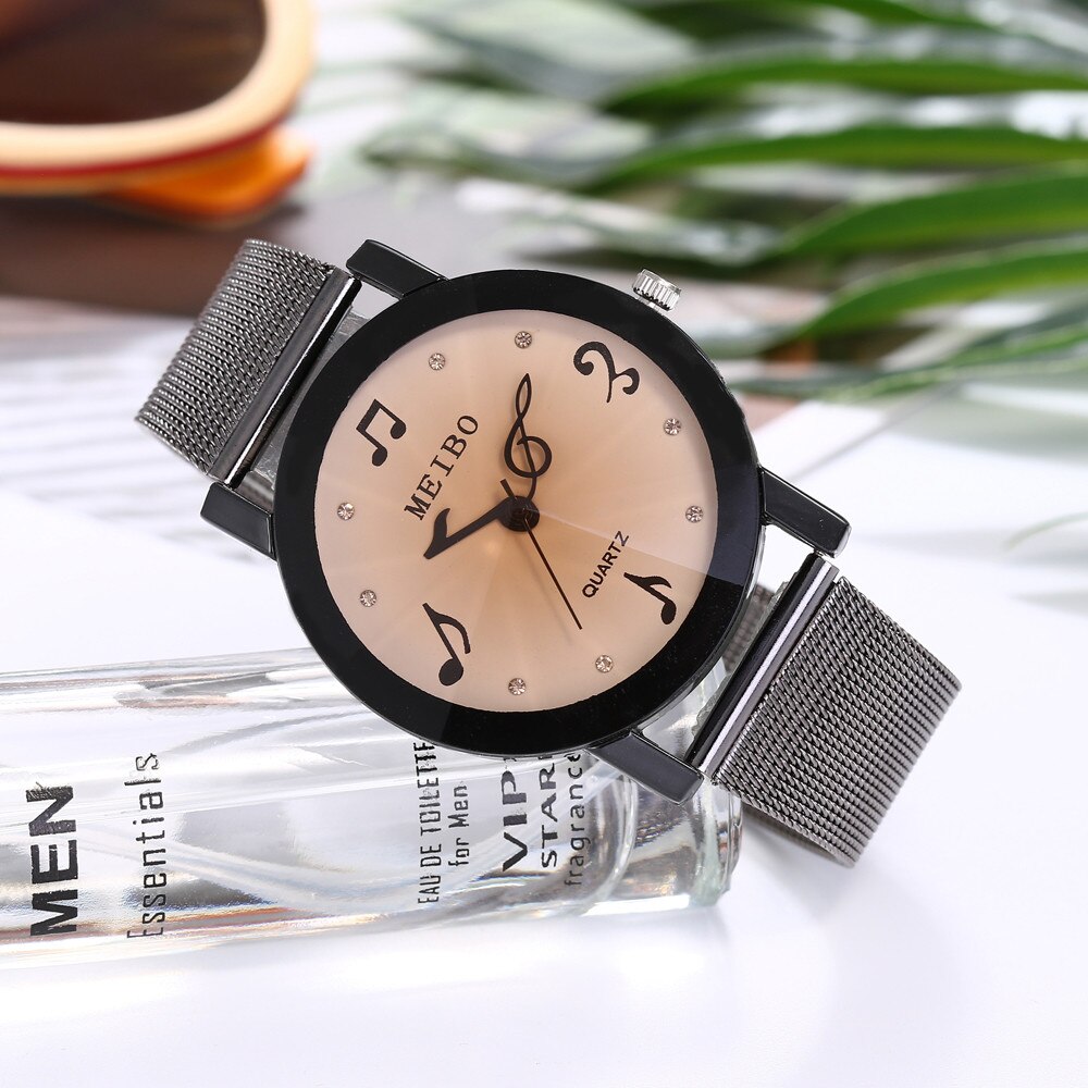 Women Watch Music Note Pointer Casual Quartz Stainless Steel Mesh Strap Watch Analog Wrist Watch Ladies Bracelet Watches