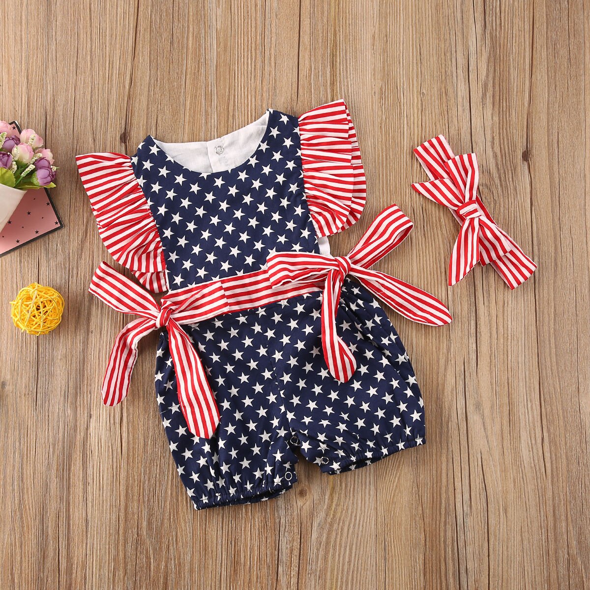 Independence Day Little Baby Girls Boys Bodysuits Star Striped Print Ruffles Bow Toddler Infant Jumpsuit With Headband 2pcs Suit