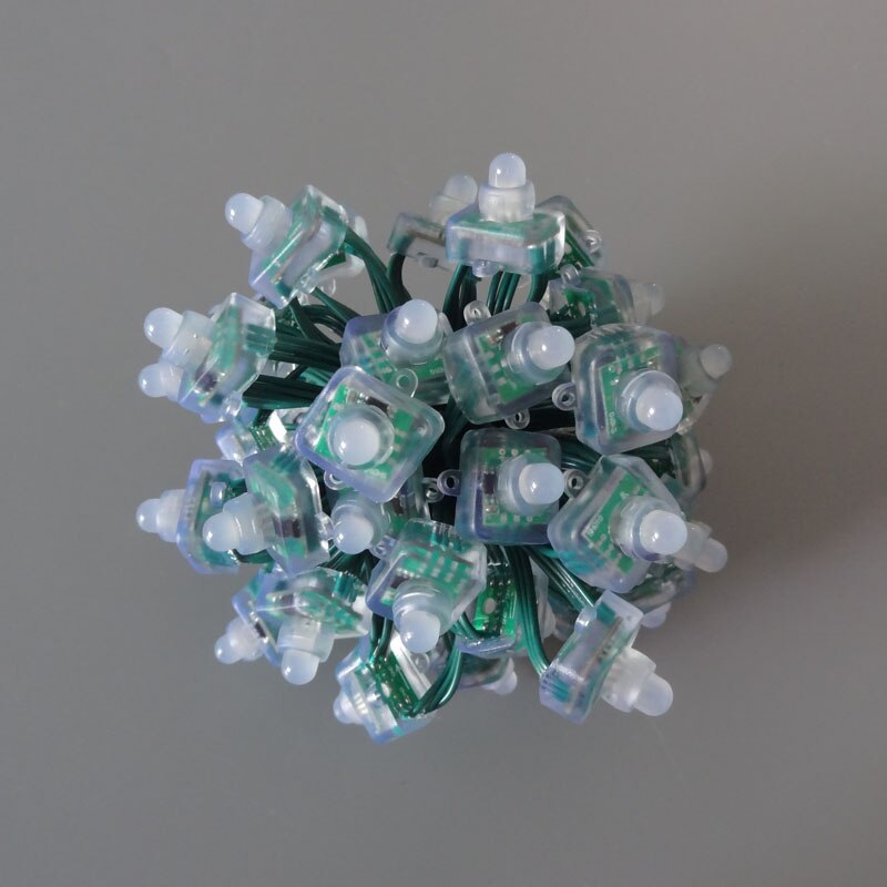 Square type all GREEN wire(20AWG) addressable DC5V 12mm through hole WS2811 led smart pixel node,IP68 rated;50pcs per strand