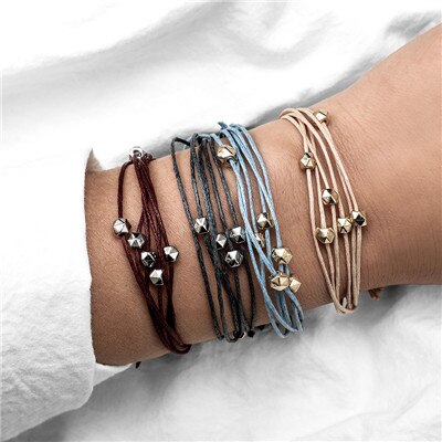 Docona Bohemian Kleurrijke Breien Draad Touw Armband Set voor Vrouwen Verstelbare Kompas Berg Wave Kaart Piek Armband: 6859