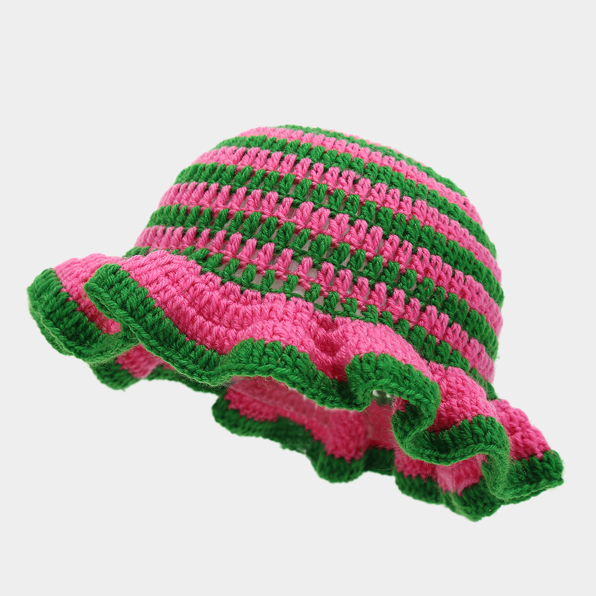 Colorful Crochet Ruffle Brim Knit Bucket Hats Winter Woman Handmade Stretch Fisherman Cap Outdoor Warm Windproof Beanie Hat: CORAL RED