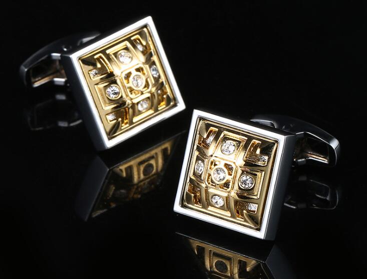 Luxo dourado quadrado abotoaduras oco cristal botões de punho camisa botões de punho casamento/negócios/festa presente masculino moda jóias