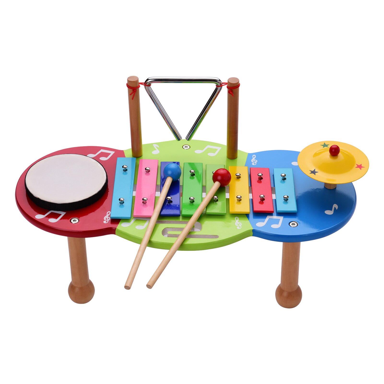 ammoon Kids Percussion Instrument Set Percussion Drum + Iron Cymbal + Xylophone + Triangle Set Colorful Table for Boys Girls