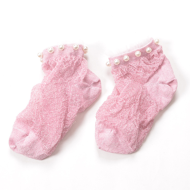 Chaussettes courtes en soie argentée et perles pour femmes, socquettes avec cristaux fins,
