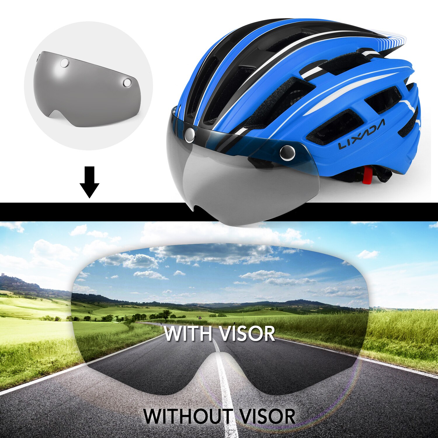 Lixada Mountain Bike Helmet Adjustable Bicycle Motorcycle Helmet with Back Light Detachable Magnetic Visor UV Protective Unisex