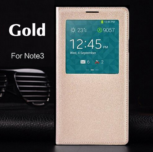 Flip Cover Leather Phone Case For Samsung Galaxy Note 3 Note3 Not III SM 9005 N900 N9005 SM-N900 SM-N9005 Smart View Sleep Wake: Gold