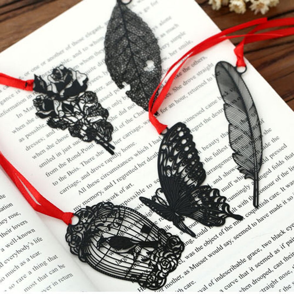 Beautiful Hollow Metal Bookmark With Red Strap Students Stationery Chinese Style Black Leaf Butterfly Feather Book Markers