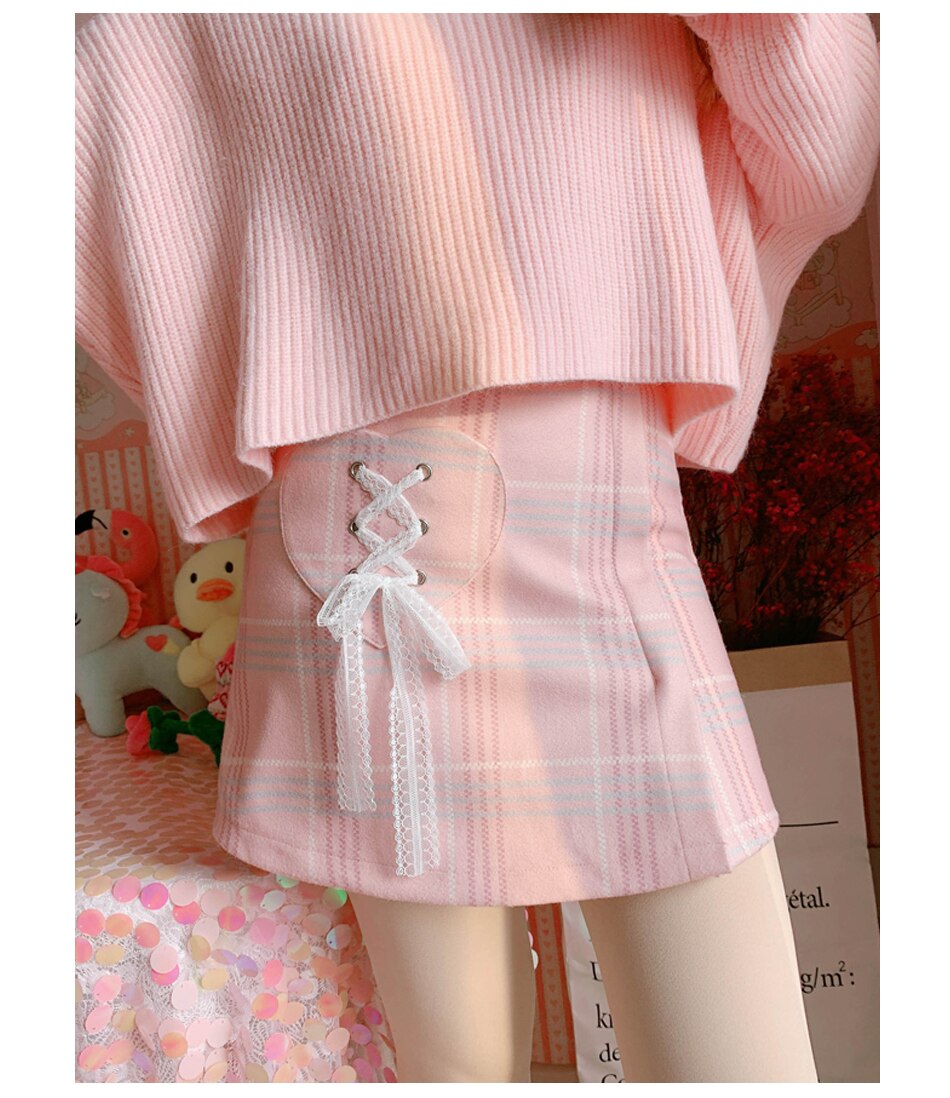 Vrouwen A-lijn Plaid Wollen Lace-Up Plisse Shorts Rok Preppy Stijl Schattige Japanse Herfst Roze Kawaii Hart Pocket Zoete rokken