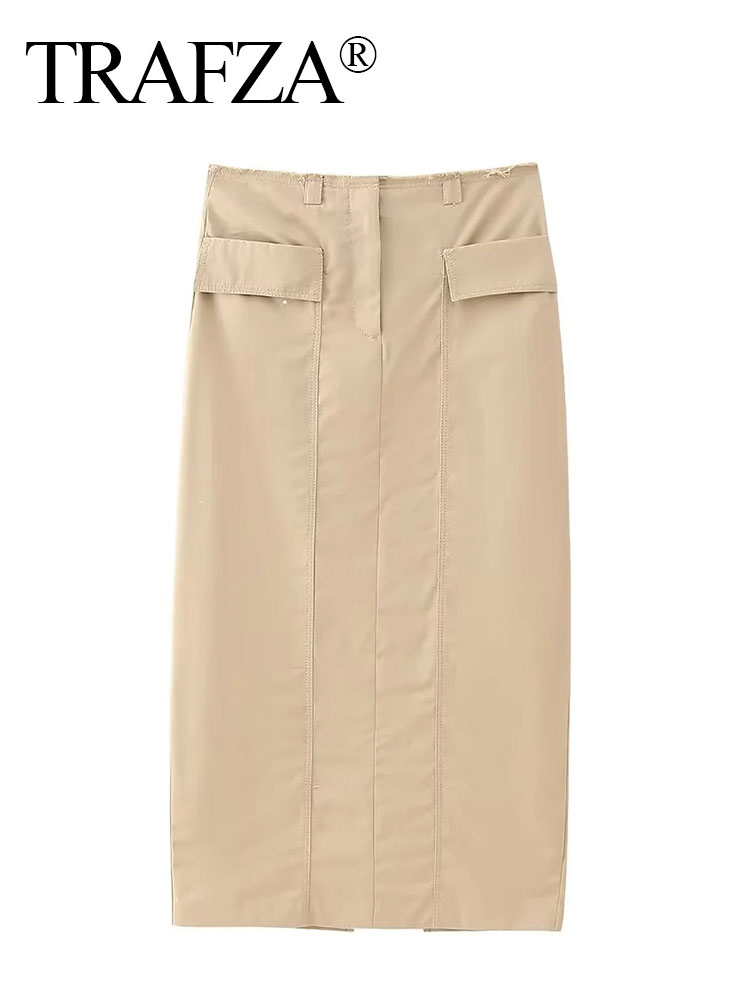 TRAFZA-Conjunto de falda caqui a la para mujer, blusa de retales, camisa recortada con botones de manga larga + faldas por debajo de la rodilla ajustadas con bolsillo frontal