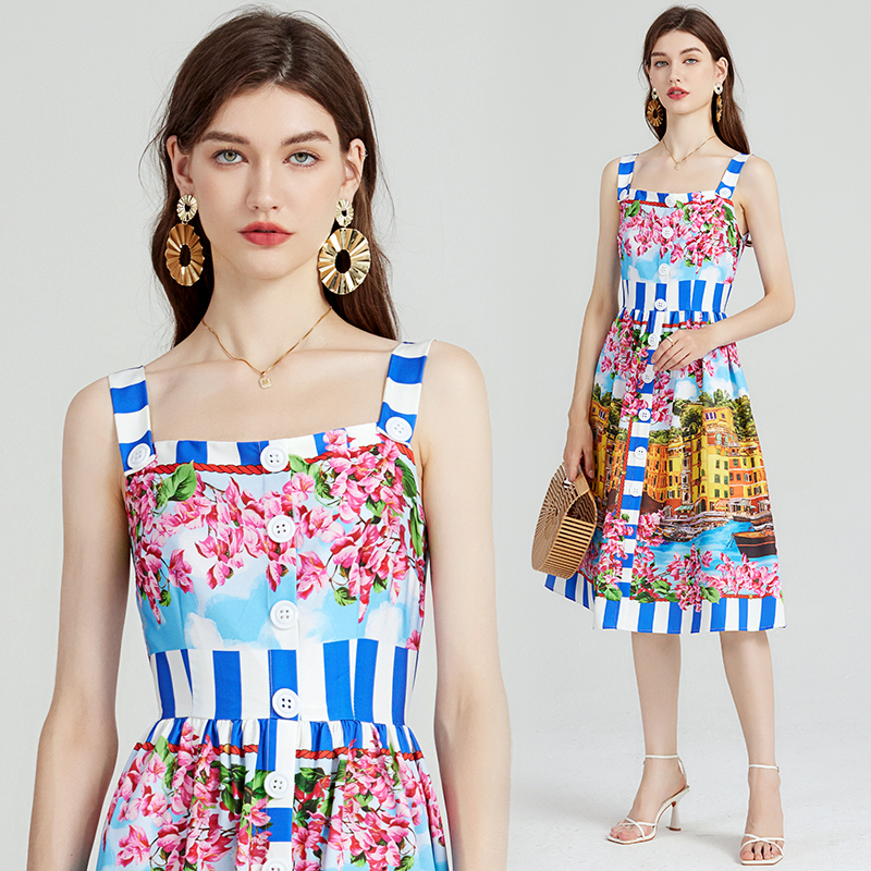 Sexet sommerkjole med off-shoulder-knapper og spaghettistropper til catwalken til kvinder, ærmeløs, blomsterprint, midi-vestidos til stranden