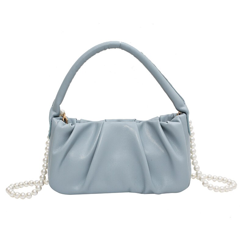 Zachte Lederen Crossbody Tassen Voor Vrouwen Eenvoudige Dames Trend Kralen Ketting Schouder Handtassen En Portemonnees Vrouwelijke Tote: Blauw