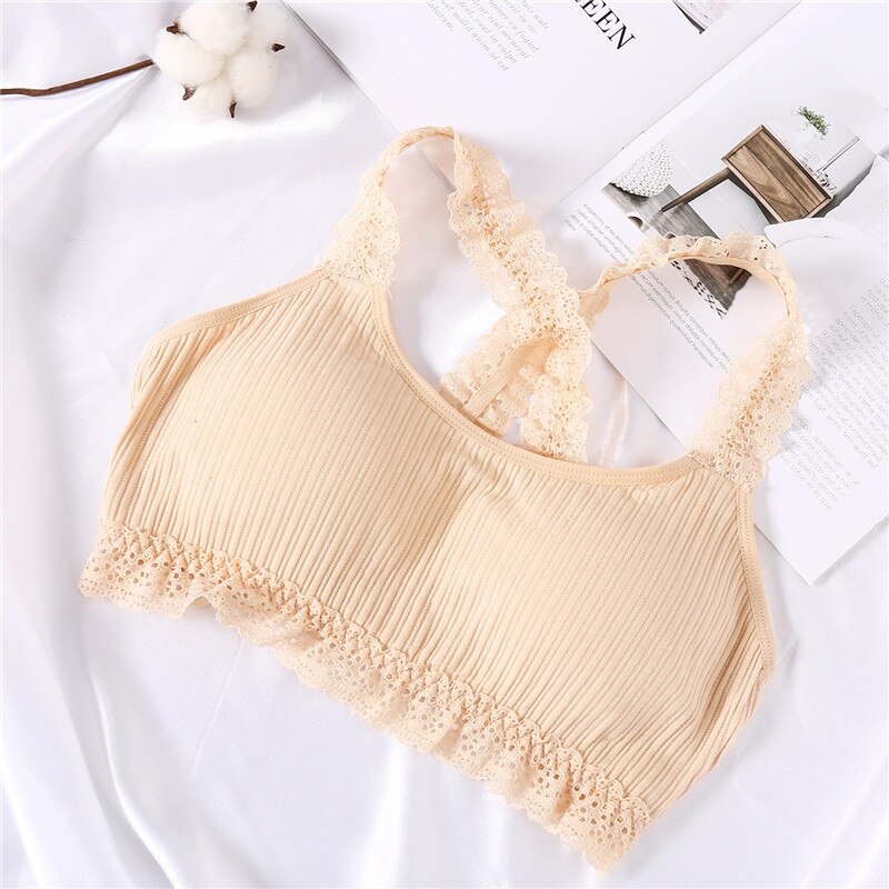 Sexy Lace Bra Cotton Wireless Bralette Women Cross Push Up Bra Female Underwear Wire Free Top Padded Lingerie Ladies Bralette: Beige