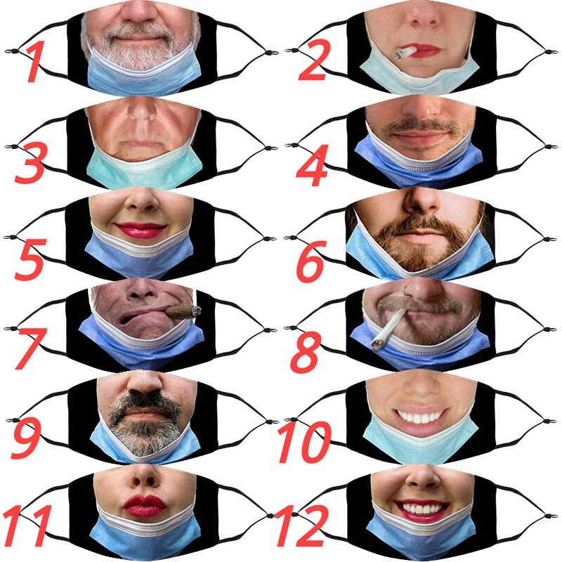 Mascarilla facial Unisex con estampado divertido para hombre y mujer, cubreboca suave, a prueba de polvo, reutilizable, con filtro, para broma, 1 Uds.