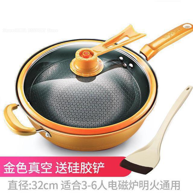 32cm Ijzeren Pot Huishouden Keuken Inductie Fornuis Universele Pan Vacuüm Wok Non Stick Pan Geen Olie Rook Pot Pan met Cover: 2