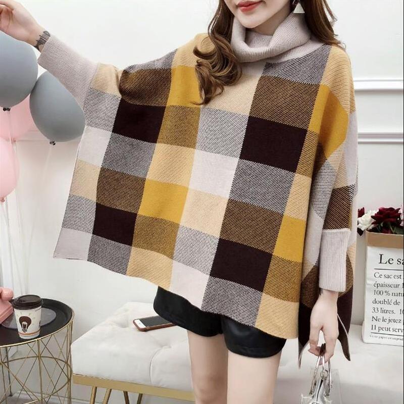 manteau lâche col haut à carreaux châle chandail femme manches chauve-souris chandail