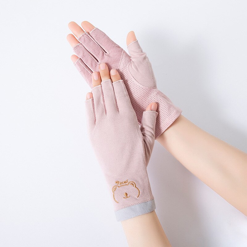 Summer Women Cotton Sunscreen Touch Screen Anti-UV Non-Slip Breathable Cute Lovely Drive Cycling Half Finger Gloves: pink