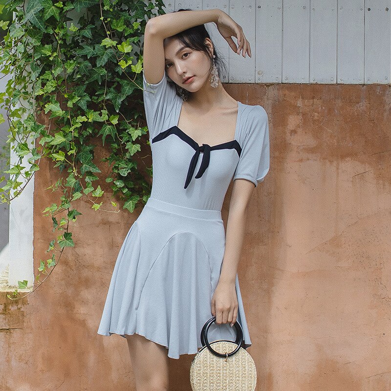 Swimsuit Tankini Surf Suit Long Sleeve Women Fused Female Ins Korean Japanese Girl Short With Skirt Rash Guard Solid