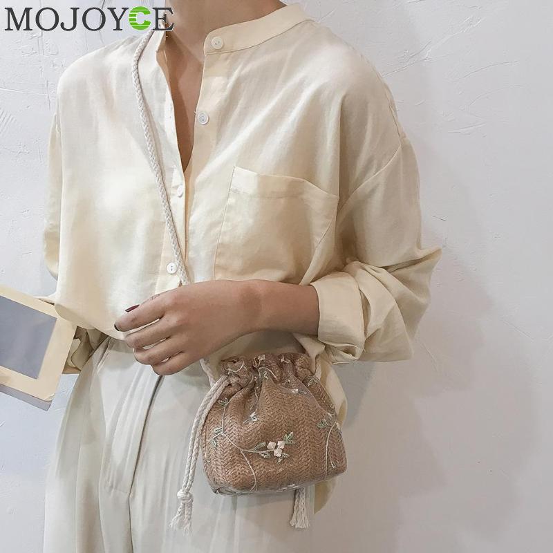 Female Casual Embroidery Lace Flower Decor Shoulder Handbags Women Straw Drawstring Crossbody Messenger Bags bolsa feminina