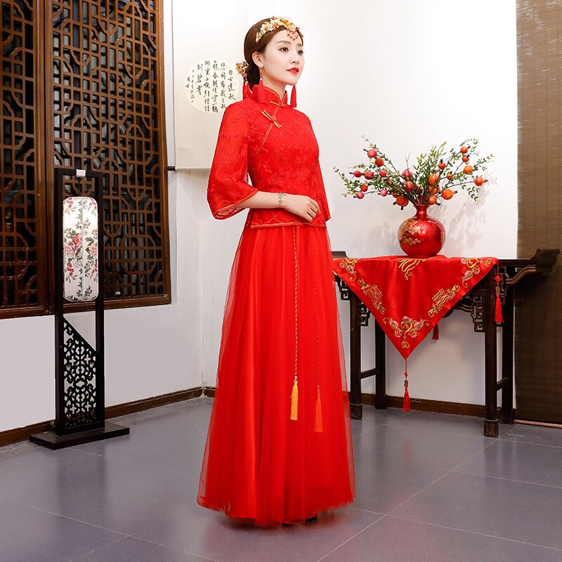 Rode kanten chinese bruid trouwjurk oude vrouwen cheongsam pak grote maat vintage qipao vestidos xs -3xl