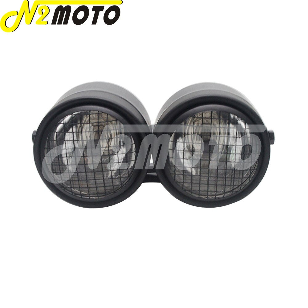 Chrome Amber Motorcycle Retro Twin Headlight Holder Fork Double Dual Head Lamp For Harley Dyna Bobber Chopper Cafe Racer Custom: B black clear