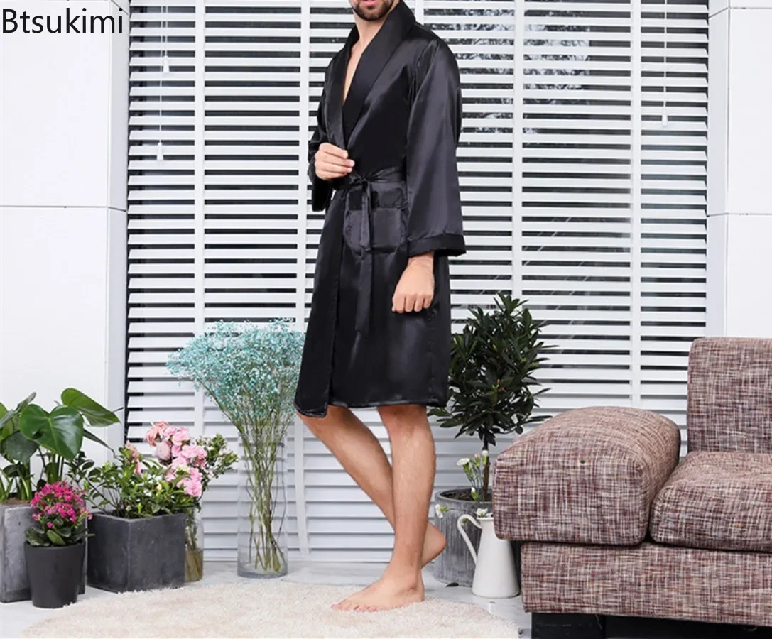 2025 pijamas finos de verano para hombre, batas de casa para hombre, albornoz tipo kimono de manga larga, ropa de dormir de satén de seda negra, ropa de dormir para salón para hombre