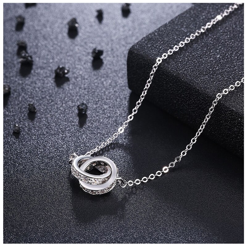 Mode 925 Sterling Zilveren Dubbele Ronde Hanger Neckalce Rose Goud Strass Dubbele Cirkel Ketting Voor Vrouwen Sieraden