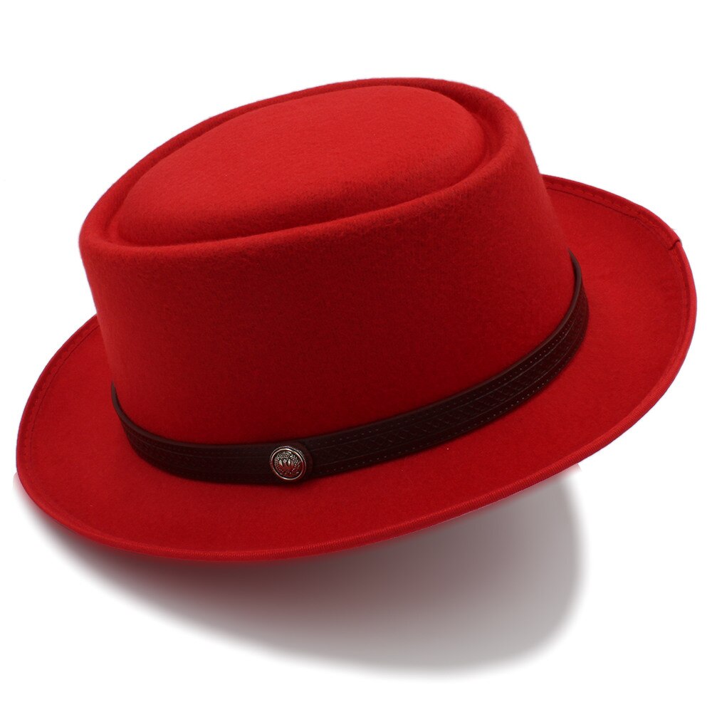 Chapeau en tarte de porc pour femmes hommes | Chapeau Fedora plat en laine pour Gentleman, papa Gambler Panama Trilby chapeau avec Belwt taille 58CM: Red