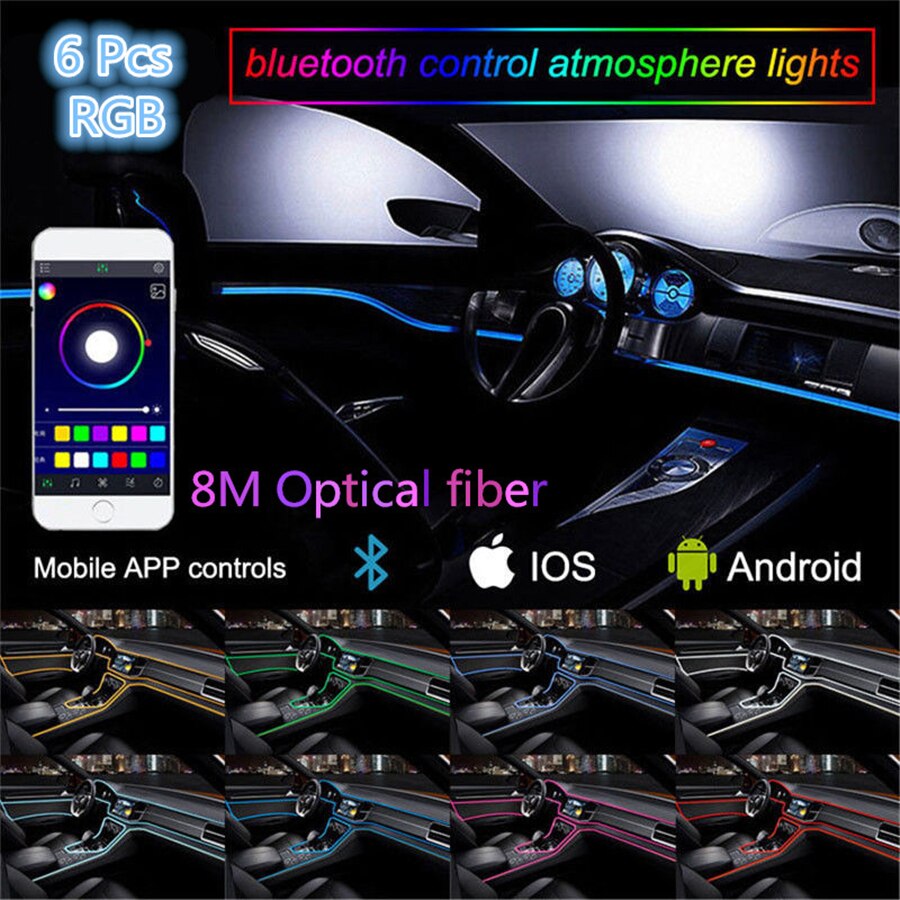 Tira de luces LED de neón para decoración Interior de coche de 8M RGB 6 en 1 con Control de aplicaciones de 12V y Bluetooth