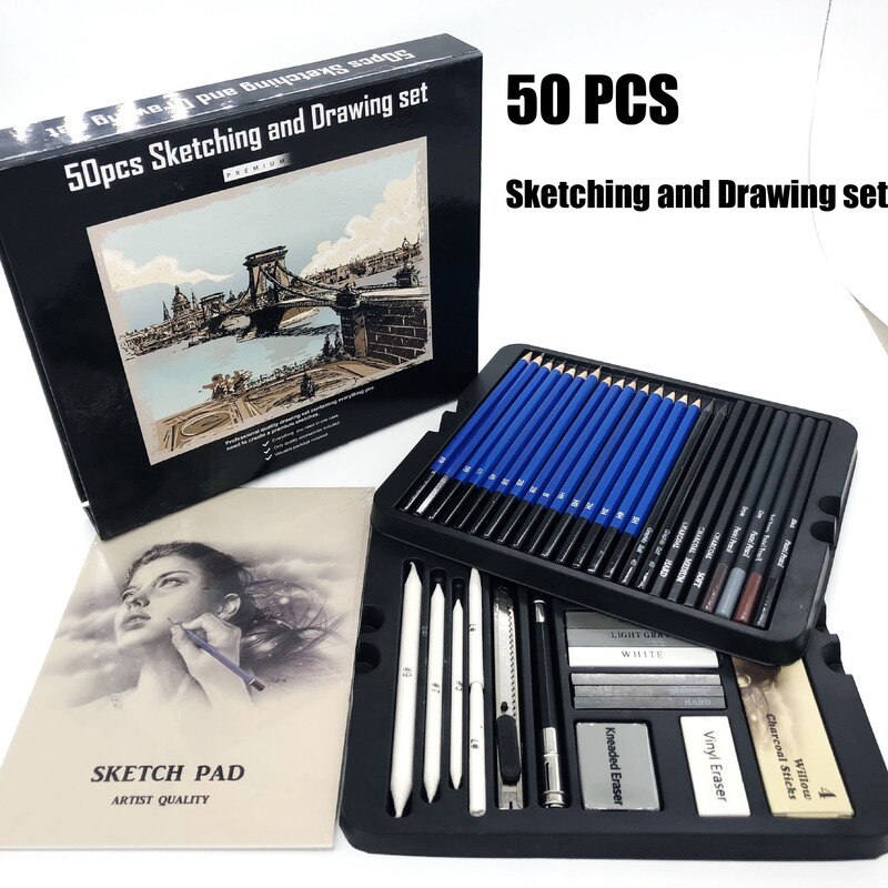 50 st/set skiss ritning penna set med kol gummi konst pensel skiss målning tillbehör
