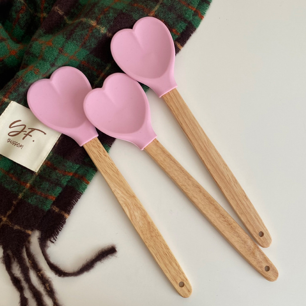 Spatule en Silicone rose amour pour la saint-valentin, manche en bois en forme de cœur, spatules de cuisson, ustensiles de cuisine, outil de fabrication de gâteaux
