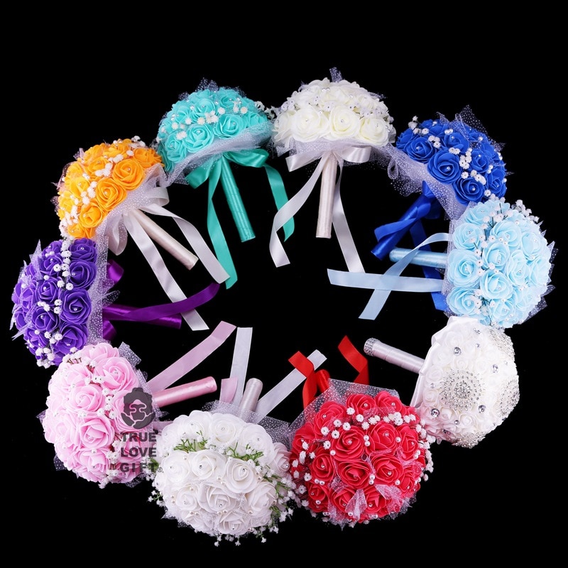 Ramos de diamantes de imitación de flores de espuma rosa, accesorios de boda de cinta de Margarita pequeña hechos a mano romántica, 9 colores