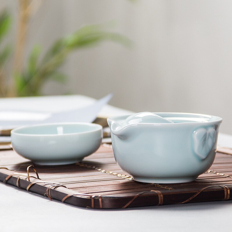 Celadon 3D Carp Travel tea set,Blue gaiwan tea set,Kung Fu Tea set Include 1 TeaPot 1 Cup,Beautiful and easy teapot