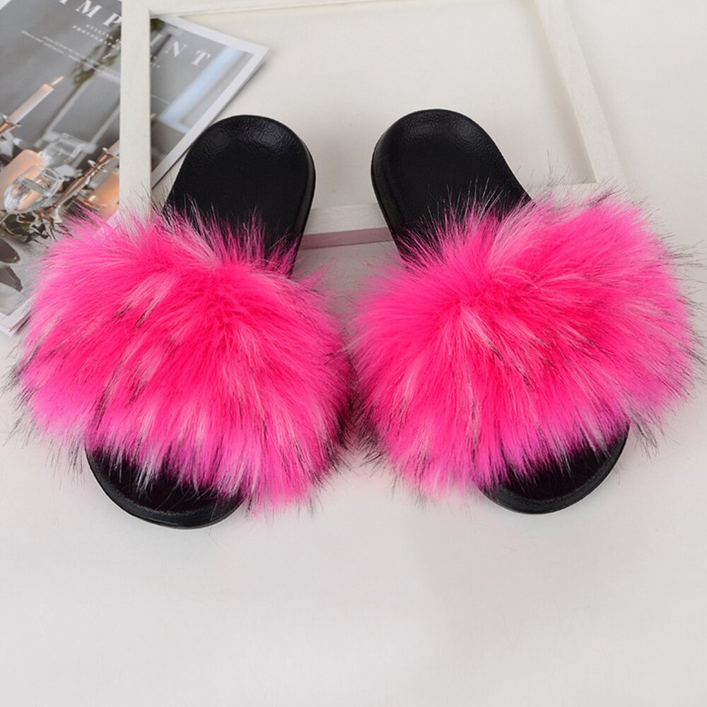 Imitatie Vossenbont Slippers Faux Furry Fluffy Slippers Vrouwen Slides Sandalen Indoor Schoenen Voor Vrouwelijke Slip Op Slippers d30: Rose Pink / US 6-7