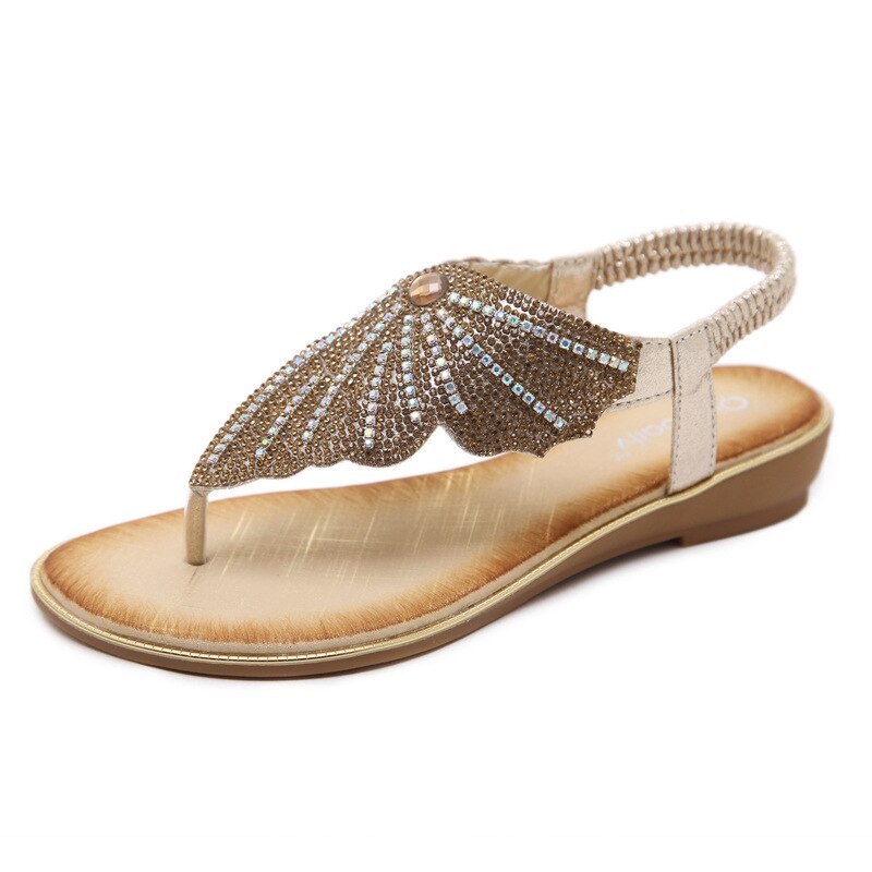 European Women Causal Beach Sandals Rhinestone Irregular Flats Flip Flops Large Szie 41 42 All Match Type T Toe: apricot / 9.5