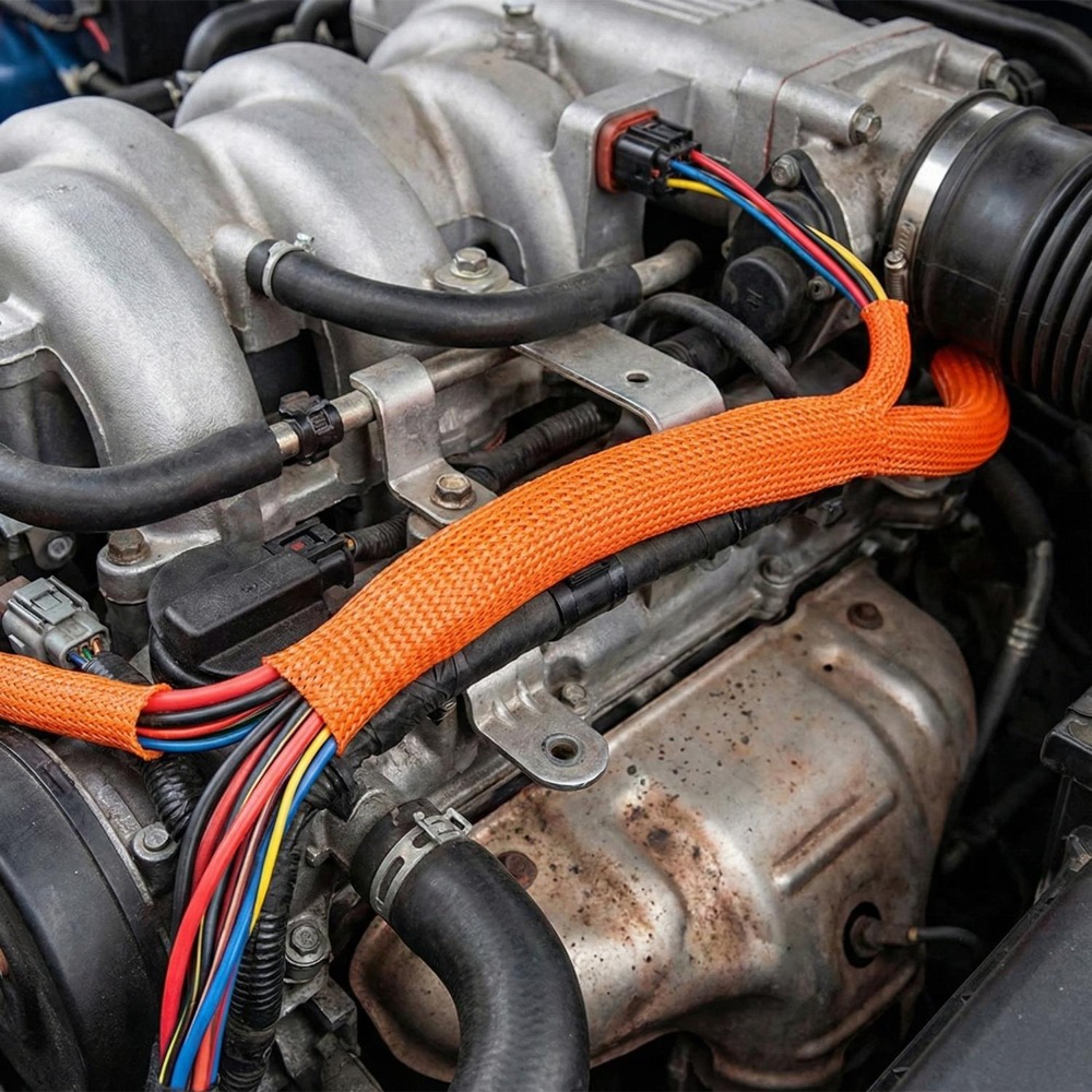 Guaina Termorestringente Intrecciata per Cablaggio Auto, Copertura in Tessuto per Protezione Cavi, Tubo Isolante in Poliolefina e Poliestere per Auto