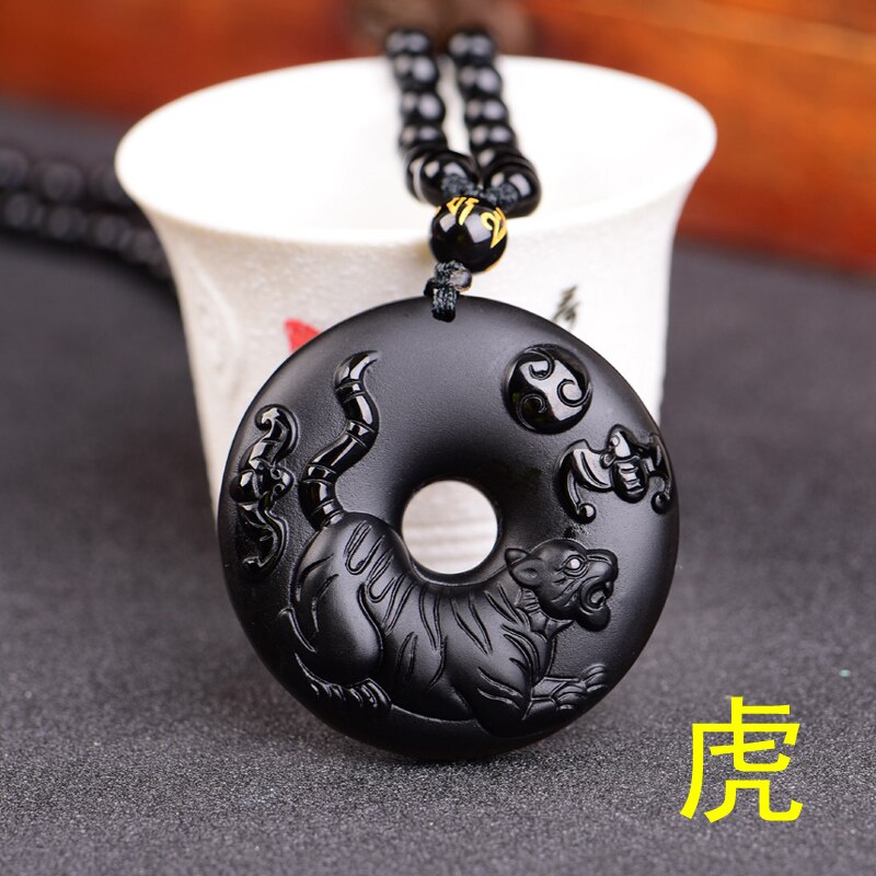 Chinese Zodiac Obsidian Dragon Tiger Pendant Necklace Charm Jewellery Accessories Hand-Carved Man Lucky Amulet