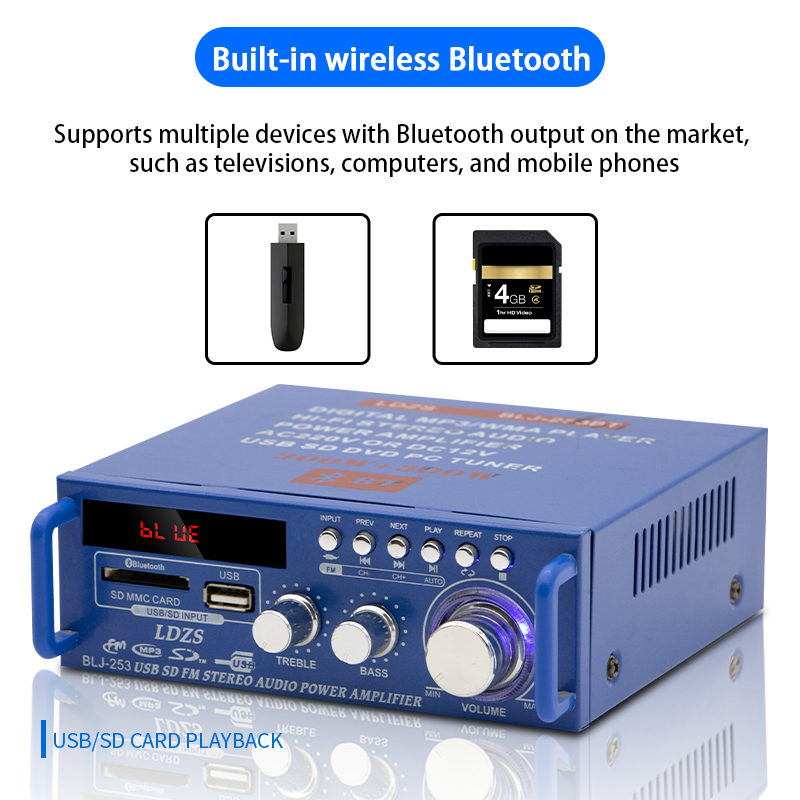 Wzmacniacz samochodowy domowa Bluetooth-kompatybilność 5.0 2-kanałowy dźwięk przestrzenny FM USB pilot zdalnego sterowania Mini HIFI wzmacniacz cyfrowy Stereo