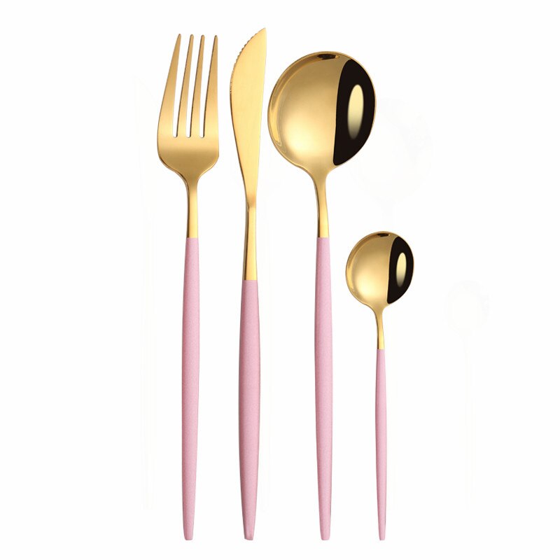 Hjem bordservice rustfrit stål bestik komplette gaffelske knive rustfrit stål bestiksæt 4 stk servise sæt: Pink guld 1 sæt