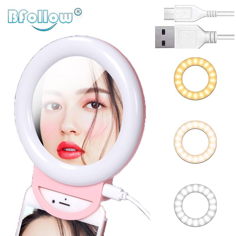 Bfollow 4.5 ''10W Mini Moblie Telefoon Selfie Ring Lamp Met Spiegel Clip Op Licht Oplaadbare Voor Foto Smartphone ipad Laptop