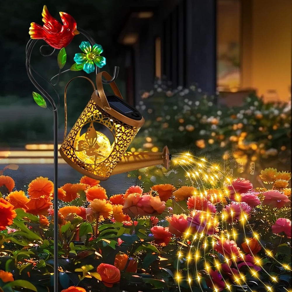 Fairy Solar Watering Can Lights Outdoor Waterfall Garden String Fairy Lights Solar Metal Kettle Projection Light Garden Decor: Gold