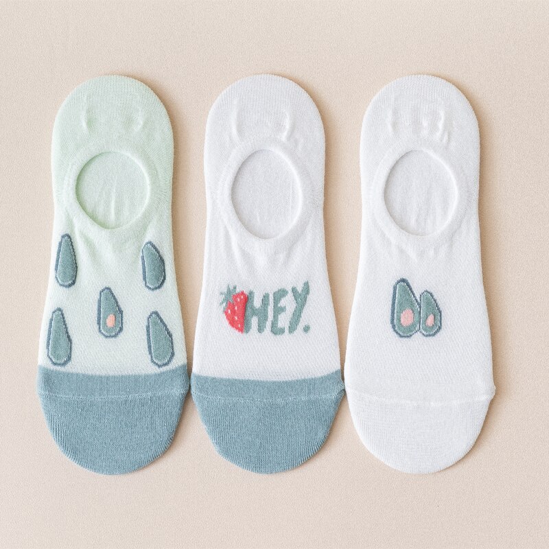 3 Pairs Lot Women Cotton Invisible Socks Cute Fruits Printed Harajuku Cartoon Casual Socks Strawberry Cherry Lemon Soft Sock: 1