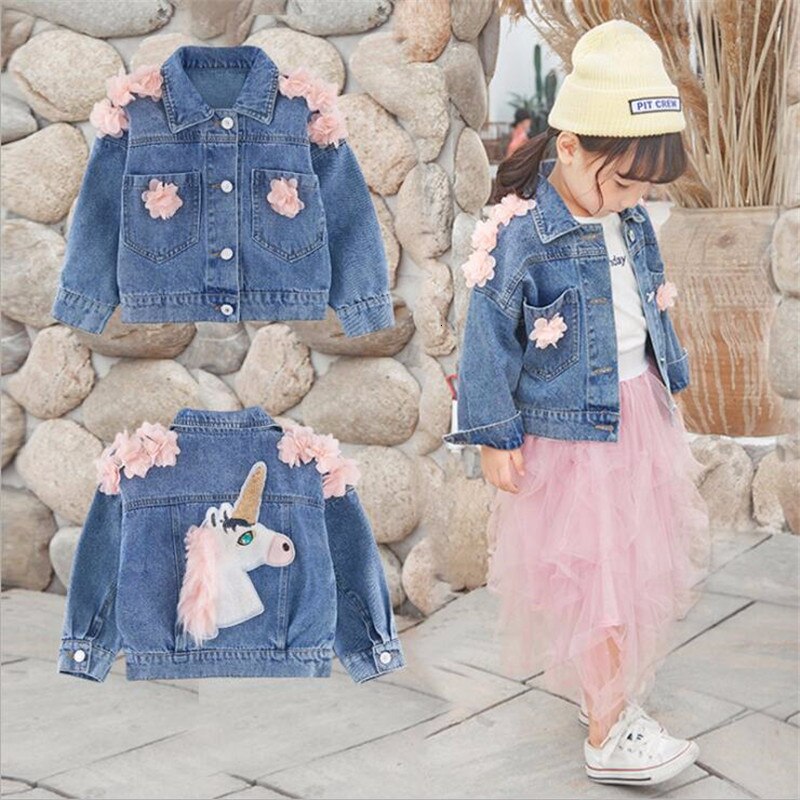 Denim Meisjes Jas voor Baby Kids Uitloper Jas Eenhoorn Kinderkleding Geborduurde Bloemen Meisje Herfst Tops Jassen