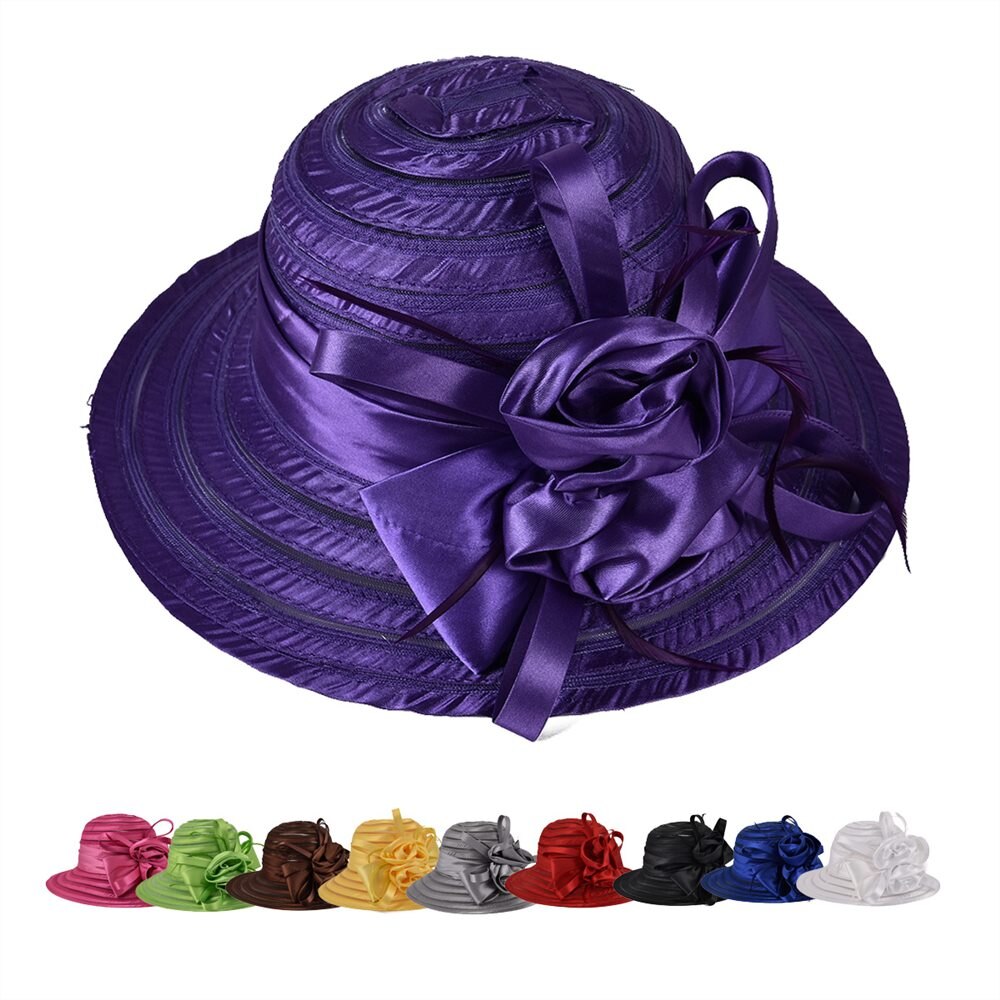 VOBOOM Organza été chapeau femmes vert large bord Protection solaire mariage église mer plage chapeaux rayure dames chapeau arc fleur 001