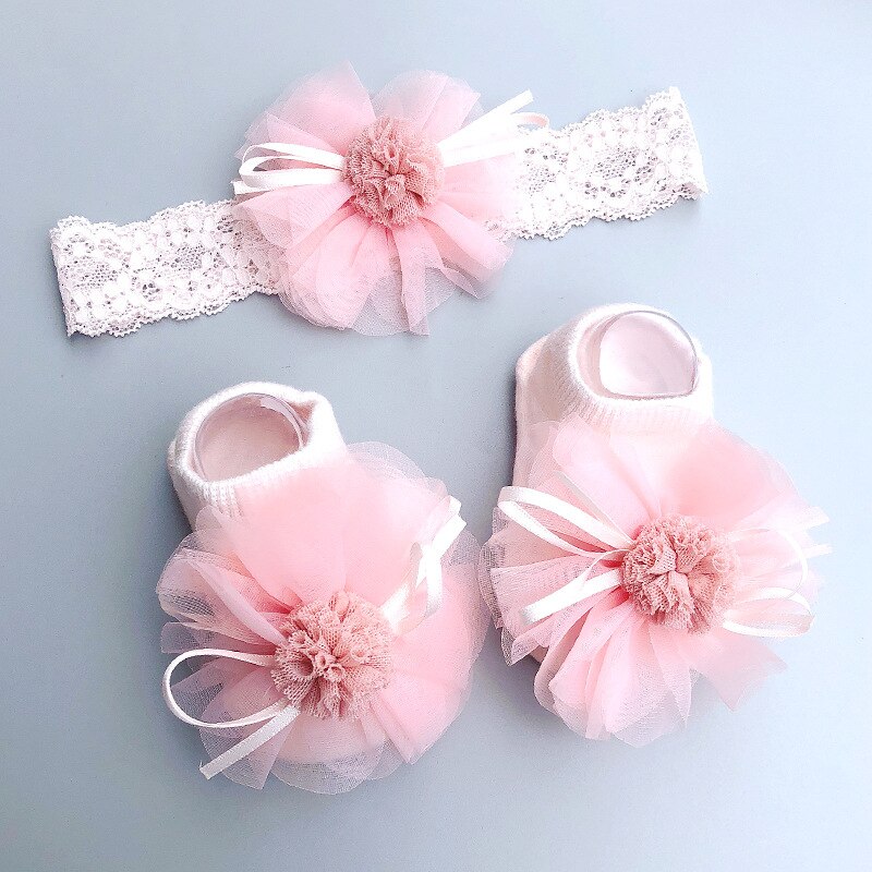 Baby Meisje Sokken Hoofdband Set Kant Bows Pasgeboren Meisje Head Bands Baby Crown Tulband Korte Sokken Peuter Haar Accessoires 3 stks/set